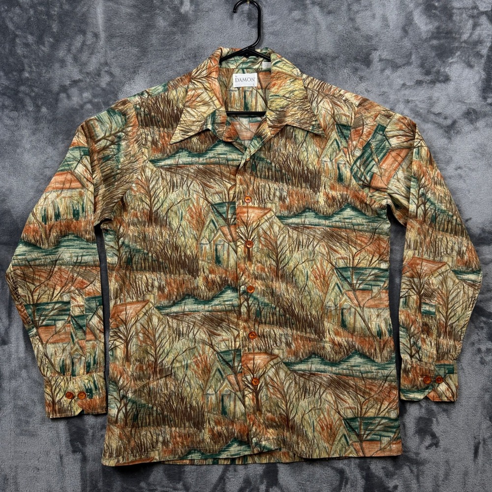 Damon Button Down Shirt Mens L Multicolor Excellent Vintage 70s Landscape Print